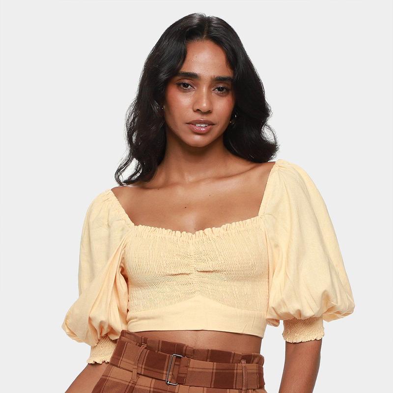 Top Farm Cropped Lastex Manga Bufante Feminino - Top Cropped